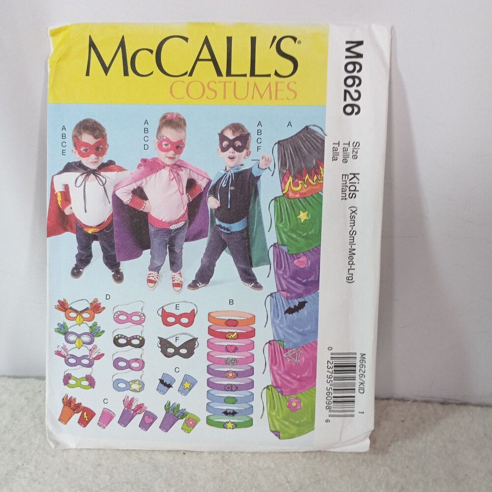 McCall's M6626 Kids Superhero Costume Cape Mask Belt Pattern XS-L UNCUT